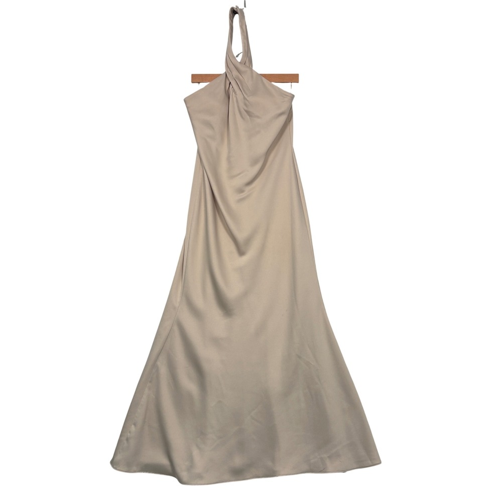 BHLDN Women Gown 6 Beige Tan Ruby Twist Satin Halter Maxi Formal Dress Wedding